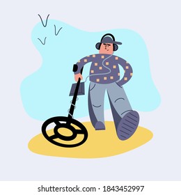 Illustration in flat style, a man with a metal detector looking for treasure. Print for clothes, logo and banner.