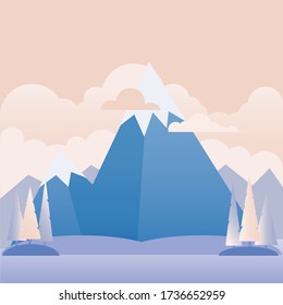 Ilustración de estilo plano con montañas y bosques. Antecedentes de campamento de verano, turismo natural, diseño de camping o senderismo.
