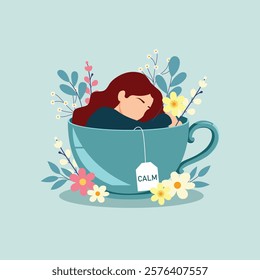 illustration in a flat style on the theme of relaxation tranquility girl sitting in a cup 