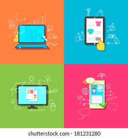 illustration of flat style online education, retail, business and communication