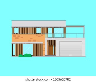 Illustration in a flat style with a picture of a house in a modern style. garage in the house. Two storey modern house.