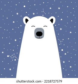 illustration in a flat style with a polar bear on the background of the starry sky. head of a cute polar bear with closed eyes on a blue background