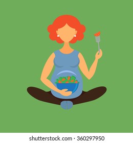 illustration in a flat style pregnant woman eating salad