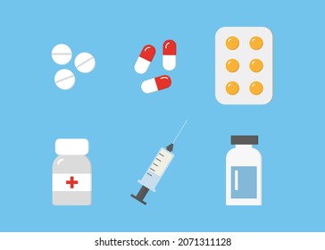 illustration in flat style set of medical drugs. Pillules, capsules, vitamins, syringe on a blue background. pharmaceutical and medicine concept