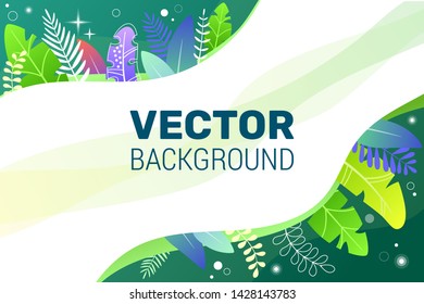 Illustration in flat style with space plants, leaves in blue tones. On dark blue-green background and bright gradient colors - background with white horizontal space for text. For banner, poster