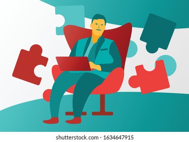 Illustration of flat style of a successful young businessman smiling in a formal business suite sitting on a red chair. Vector flat design.