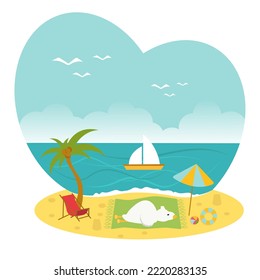 Illustration in flat style. Summer background with a view of the beach, sand, starfish, palm trees. Goose resting on the beach.