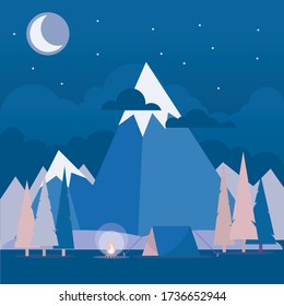 Illustration in flat style with tent, campfire, mountains and forest. Background for summer camp, nature tourism, camping or hiking design concept.
