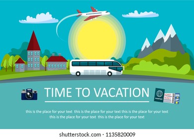 Illustration in a flat style, it's time to leave! Travel to a mountain resort. Mountain landscape, castle and plane against the sky.