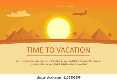 Illustration in a flat style, it's time to travel the world! Sunset in Egypt, the pyramids in the desert.