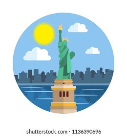 Illustration in a flat style, a trip to America. The Statue of Liberty. A series of round illustrations of the world's sights.