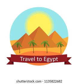 Illustration in a flat style, a trip to Egypt. Sunset in Egypt, the pyramids in the desert. Round nameplate with ribbon.