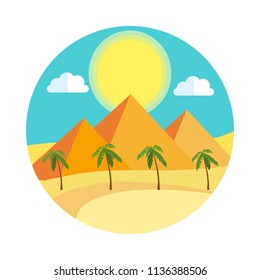 Illustration in a flat style, a trip to Egypt. Sunset in Egypt, the pyramids in the desert.