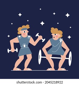 Illustration in a flat style. Two soldiers go in for sports. Two Romans train for the Olympics. Label or website design.