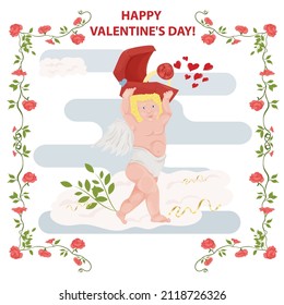 Illustration in a flat style for the Valentines Day holiday, in a frame of flowers, a cupid with wings carries a box with wedding rings