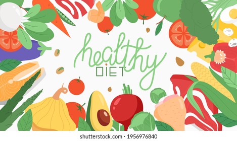 Illustration in flat style with vegetables background. Healthy diet concept. Balanced nutrition, healthy eating, dietetic or organic products, online nutrition.