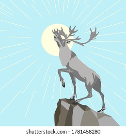 
illustration in flat style without shadows, reindeer in side view with large beautiful antlers stands on a stone, mountain, bright sun with rays of light
