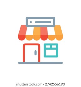 Illustration of a flat styled shopfront. Features red, yellow, and turquoise accents on a White Background.