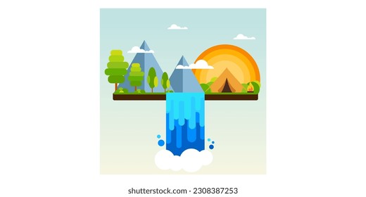illustration flat vector camping waterfall and mountain nature