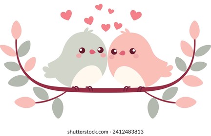 Illustration flat vector of a couple birds on the branch tree. Valentine Illustration