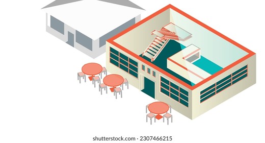 Illustration of a flat vector isometric cafe building icon. Perfect for representing restaurants, cafeterias, and other food-related businesses. Infographic design with exterior view, sign, property.