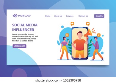 illustration flat vector landing page template of social media influencer, digital marketing strategies, promotional advertising campaigns.