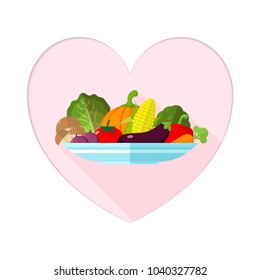 Illustration Flat Vegetable on a plate minimal style with Paper Art Heart shape, Healthy food vector , raw materials for cooking , organic vegetable , health care concept