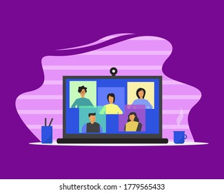 Illustration of a flat video concept design conference. online meeting at home. Vector illustration.