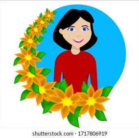 illustration of a flat woman smiling in a frame of orange flowers on a blue background,