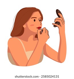 Illustration of flat women doing makeup. Beautiful girls with cosmetics, lipstick. Holding beauty product, cosmetic. Flat Illustration isolated on white background.