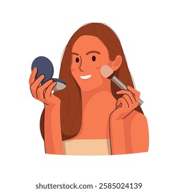 Illustration of flat women doing makeup. Beautiful girls with cosmetics, lipstick. Holding beauty product, cosmetic. Flat Illustration isolated on white background.