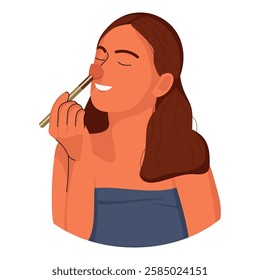 Illustration of flat women doing makeup. Beautiful girls with cosmetics, lipstick. Holding beauty product, cosmetic. Flat Illustration isolated on white background.