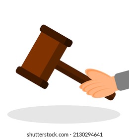 Illustration of flat wood judge hammer with a hand. Judge hammer icon law gavel auction.