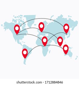 
Illustration of a flat world map. network design work through the internet network. vector illustration.