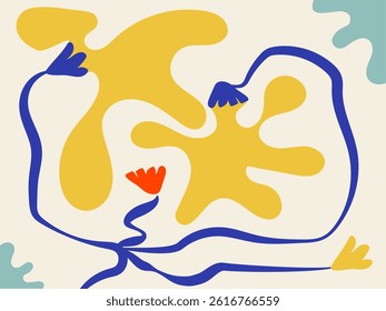 Illustration of flat yellow flowers with blue stems in Matisse style
