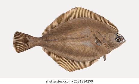 Illustration of a flatfish with a brown, oval body and small fins. The flatfish is depicted with two eyes on one side, showcasing its unique flatfish anatomy. Vintage fish illustration vector.