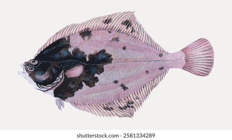 Illustration of a flatfish with distinct black spots. The flatfish has a unique shape and pattern. Flatfish illustration shows detailed texture and colors. Vintage fish illustration isolated, vector.