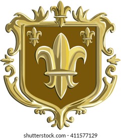 Illustration of a fleur-de-lis or  flower of the lily depicting a stylized lily or lotus flower inside a crest shield coat of arms done in retro style.