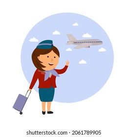 illustration of a flight attendant and an airplane, vector isolated on a white background.