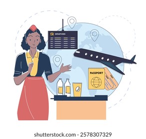 Illustration of a flight attendant, globe, airplane, departure board, passport, tickets, and drinks on a white background. Concept of travel and aviation. Vector illustration