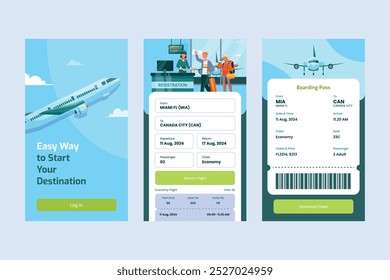 Ilustração de uma interface de aplicativo de reserva de voo com um avião, balcão de registro e cartão de embarque.