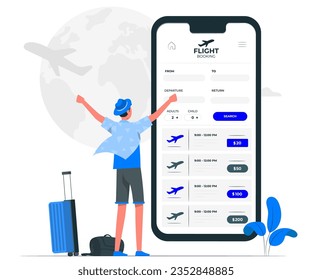 Illustration of Flight booking for travel vacation. Online travel booking in internet plane flights reservation. Vector travelling service concept for websites, landing pages, posters and banners.