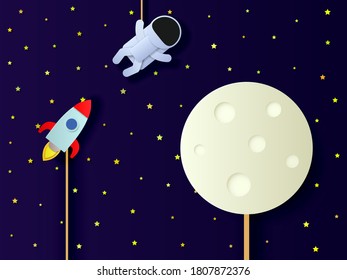 Illustration of the flight of a rocket, a spacesoft and a moon in the starry sky