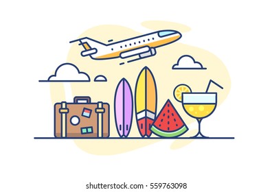 Illustration of flights at sea. Suitcase, plane in the sky, cocktail, surf and a piece of watermelon on white background