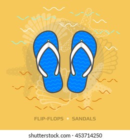 Illustration of flip flops against yellow background. Flat design of beach sandals, top view. Vector image