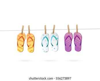 Illustration of flip flops hanging on a line isolated on a white background.