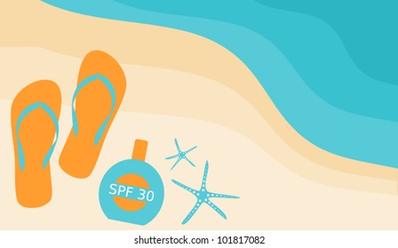 Illustration of flip-flops, a bottle of suntan lotion and starfish on the beach.