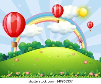 Illustration of the floating balloons at the hilltop with a rainbow