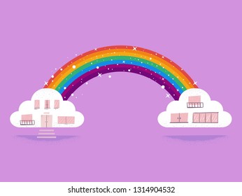 Illustration of Floating Clouds Building Connected by a Rainbow