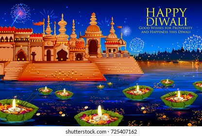 ilustración de diya flotando en el río en Feliz Día Diwali de fondo para el festival de la luz de India